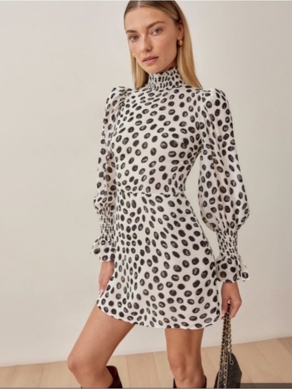 REFORMATION Archie Black and White Polka Dot Long Sleeve Mini Dress 8